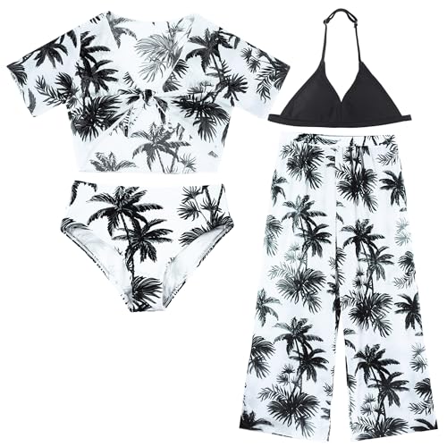 FEOYA Mädchen 4-teilige Badeanzüge Sets Kleinkind Badeanzug Kinder Bademode Bekleidung Sommer Bikini Top+Unterwäsche+Sonnenschutz Kurzarm+Lange Hose Sommer Schwimmanzug Schwarz 12 Jahre von FEOYA