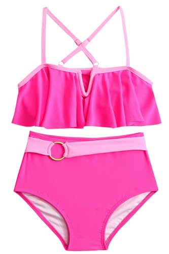 FEOYA Mädchen Ärmelloser Bademode Kinder Badeanzug Badebekleidung Teenager Tankini Set Elastische Schwimmanzug Zurück Uberqueren Straps Sommer Rosa 8-10 Jahre von FEOYA