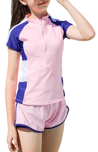 FEOYA Mädchen Badeanzug Kinder Badeanzug-Set mit Reißverschluss Bikini Schwimmshirt Integrierter Baderock Bademode Badeshorts Badebekleidung Sonnenschutz-Kit Zweiteilig Tankini Rosa 160 von FEOYA