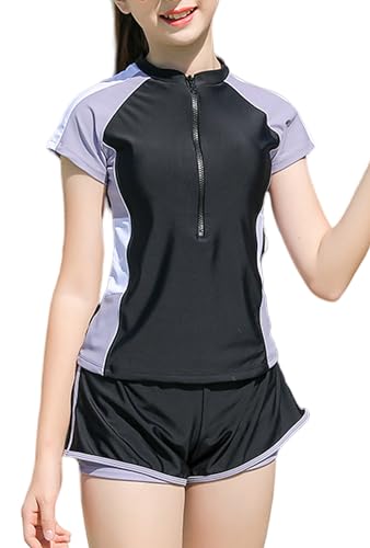 FEOYA Mädchen Badeanzug Kinder Badeanzug-Set mit Reißverschluss Bikini Schwimmshirt Integrierter Baderock Bademode Badeshorts Badebekleidung Sonnenschutz-Kit Zweiteilig Tankini Schwarz 3 150 von FEOYA