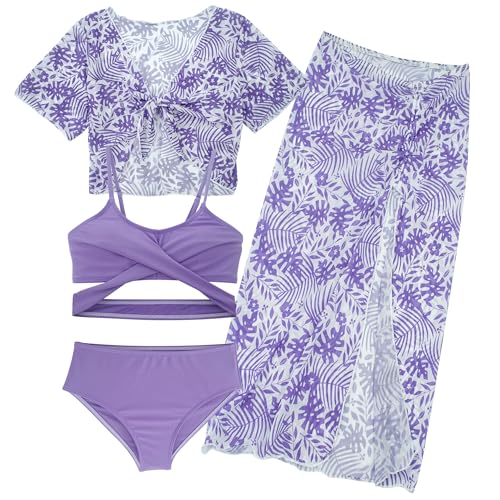 FEOYA Mädchen Badeanzug Sommer Vierteiliger Bikini Kinder Luftig Schwimmanzug Schnell Trocknend Bademode Sommer Uv-Schutz Swimsuit Bikinioberteil mit Bikinislip und Schwimmrock Badeset 10 Jahre von FEOYA