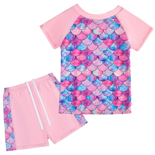 FEOYA Mädchen Badebekleidung Kinder Zweiteiliger Schwimmanzug Sonnenschutz Badeanzug Set Kurzarm Badeshirt und Badehose Rash Guards Bademode Schnell Trocknen Swimsuit Stretch Strandmode 5-6 Jahre von FEOYA