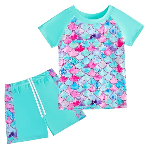 FEOYA Mädchen Badebekleidung Kinder Zweiteiliger Schwimmanzug Sonnenschutz Badeanzug Set Kurzarm Badeshirt und Badehose Rash Guards Bademode Schnell Trocknen Swimsuit Stretch Strandmode 8-9 Jahre von FEOYA