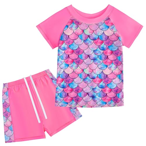 FEOYA Mädchen Badebekleidung Kinder Zweiteiliger Schwimmanzug Sonnenschutz Badeanzug Set Kurzarm Badeshirt und Badehose Rash Guards Bademode Schnell Trocknen Swimsuit Stretch Strandmode 8-9 Jahre von FEOYA