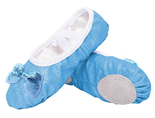 FEOYA Mädchen Ballett Tanzschuhe Gymnastik Yoga Schuhe Ballerinas mit Schleife Leder Geteilte Sohle Gymnastik Tanz Flache Schuhe für Kinder Gymnastikschuhe Ballerina Tanz Flats Hausschuhe Blau 29 von FEOYA