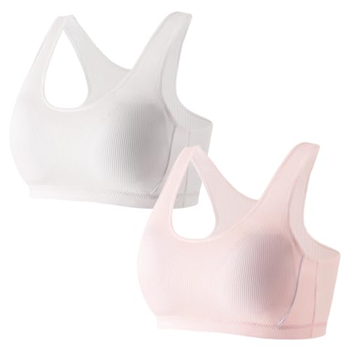 FEOYA Mädchen Bustier Baumwolle Sport BH Kinder Teens Unterwäsche Weich Bustier mit Breiten Trägern Trainings-BH Feststehender Cup-BH Leicht Luftig Büstenhalter Stretch Dessous 2er Pack 12-14 Jahre von FEOYA