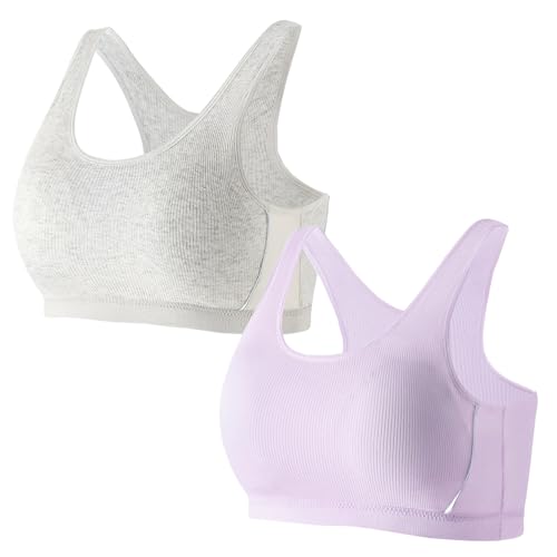 FEOYA Mädchen Bustier Baumwolle Sport BH Kinder Teens Unterwäsche Weich Bustier mit Breiten Trägern Trainings-BH Feststehender Cup-BH Leicht Luftig Büstenhalter Stretch Dessous 2er Pack 12-14 Jahre von FEOYA