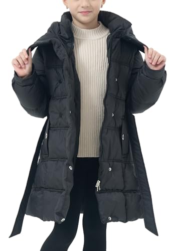 FEOYA Mädchen Daunenjacke Winter Gefüttert Kinder Steppjacke Lange Teddy Teenager Winterjacke Gefütterte Wasserdichter Jacke Mit Kapuze Lange Mantel Warme Softshell Wasserdicht Ski Schwarz 11 12Jahre von FEOYA