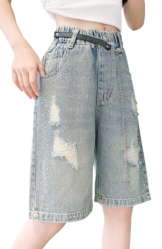 FEOYA Mädchen Denim Shorts Kinder Jeans Elastische Taille Kurz Hose Sommer Wide Short Trousers Dünne modische Freizeithose 130 (6-7 Jahre) von FEOYA