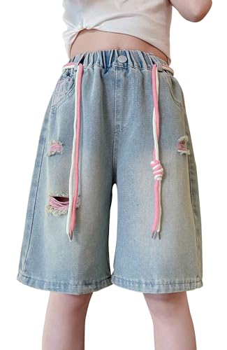 FEOYA Mädchen Denim Shorts Kinder Jeans Elastische Taille Kurz Hose Sommer Wide Short Trousers Dünne modische Freizeithose 160 (11-12 Jahre) von FEOYA