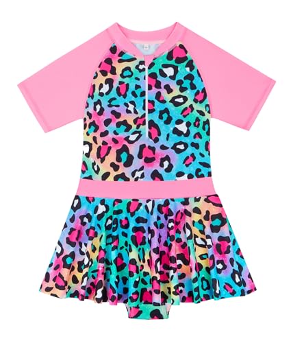 FEOYA Mädchen Einteiliger Badeanzug mit Reißverschluss Sommer Strand Meerjungfrau Bikini Bademode Kurzarm Schwimmrock Wasser-Party Bunte Drucke Schwimmbad -8-9 Jahre von FEOYA