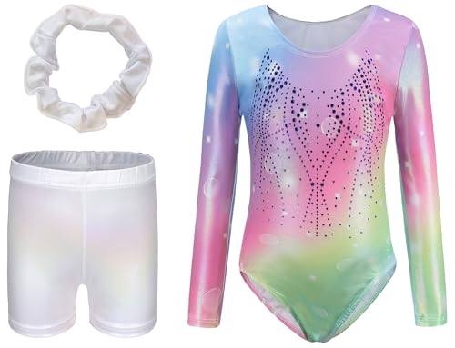 FEOYA Mädchen Gymnastikanzug Langarm Turnanzug Ballett Kinder Turnshorts Haarband Set Gymnastik Ärmellos Tanzen Kleidung Training Dancewear Gymnastikbody Mehrfarbig 2 10 Jahre von FEOYA