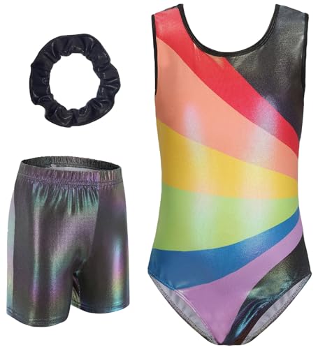 FEOYA Mädchen Gymnastikanzug Langarm Turnanzug Ballett Kinder Turnshorts Haarband Set Gymnastik Ärmellos Tanzen Kleidung Training Dancewear Gymnastikbody Schwarz 1 8 Jahre von FEOYA