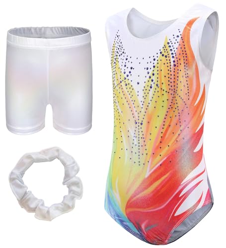 FEOYA Mädchen Gymnastikanzug Langarm Turnanzug Ballett Kinder Turnshorts Haarband Set Gymnastik Ärmellos Tanzen Kleidung Training Dancewear Gymnastikbody Weiß 2 10 Jahre von FEOYA