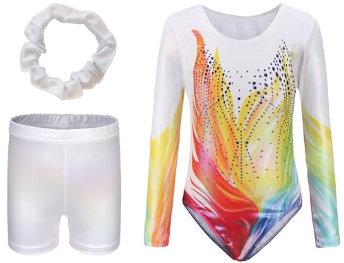 FEOYA Mädchen Gymnastikanzug Langarm Turnanzug Ballett Kinder Turnshorts Haarband Set Gymnastik Ärmellos Tanzen Kleidung Training Dancewear Gymnastikbody Weiß 3 10 Jahre von FEOYA