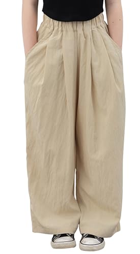 FEOYA Mädchen Hose Weitem Bein Baggy Hose mit Taschen Kinder Jogginghose mit Elastischer Taille Freizeithose Palazzo Hose Sommer Beige 140 von FEOYA