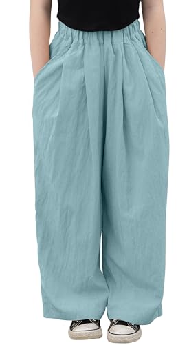 FEOYA Mädchen Hose Weitem Bein Baggy Hose mit Taschen Kinder Jogginghose mit Elastischer Taille Freizeithose Palazzo Hose Sommer Blau 150 von FEOYA