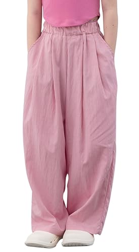 FEOYA Mädchen Hose Weitem Bein Baggy Hose mit Taschen Kinder Jogginghose mit Elastischer Taille Freizeithose Palazzo Hose Sommer Rosa 160 von FEOYA