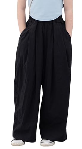 FEOYA Mädchen Hose Weitem Bein Baggy Hose mit Taschen Kinder Jogginghose mit Elastischer Taille Freizeithose Palazzo Hose Sommer Schwarz 140 von FEOYA