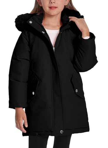 FEOYA Mädchen Jacke Winter Solid Daunenjacke Warm Mit Plüschtasche Teenager Wintermantel Mit Fellkapuze Lang Baby Mantel Wasserdicht Dicke Winterjacke Fleece Parka Puffer Teddy Schwarz 9 10 Jahre von FEOYA
