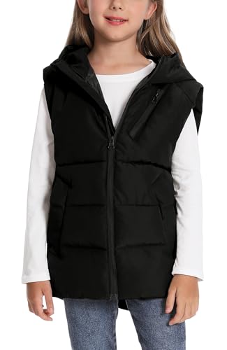 FEOYA Mädchen Jacke Winter Stehkragen Jungen Steppweste Warme Weich Kinder Weste Ärmellose Down Gilet Leicht Packbare Daunenweste Fleece Western Winterweste Puffer Frühling Schwarz 10 11 Jahre von FEOYA