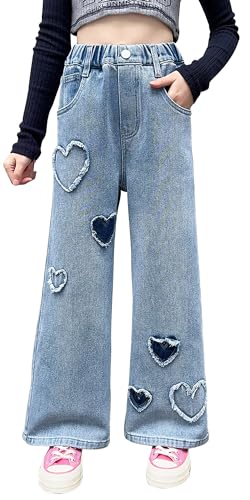 FEOYA Mädchen Jean Hosen Hohe Elastische Taille Kinder Denim Hose Weitem Bein Jeanshose Streetwear mit Taschen Pants Vintage Causal Loose Blau 3 150 von FEOYA