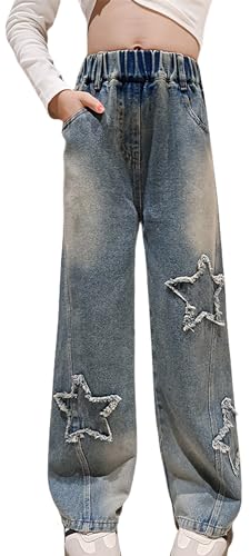 FEOYA Mädchen Jean Hosen Kinder Denim Hose Weitem Bein Jeanshose Streetwear mit Taschen Teenager Vintage Y2k Baggy Jeans Wide Leg Blau 1 130 von FEOYA