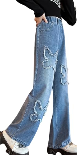 FEOYA Mädchen Jean Hosen Kinder Denim Hose Weitem Bein Jeanshose Streetwear mit Taschen Teenager Vintage Y2k Baggy Jeans Wide Leg Blau 2 120 von FEOYA