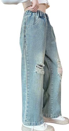 FEOYA Mädchen Jean Hosen Kinder Denim Hose Weitem Bein Jeanshose Streetwear mit Taschen Teenager Vintage Y2k Baggy Jeans Wide Leg Blau 4 140 von FEOYA