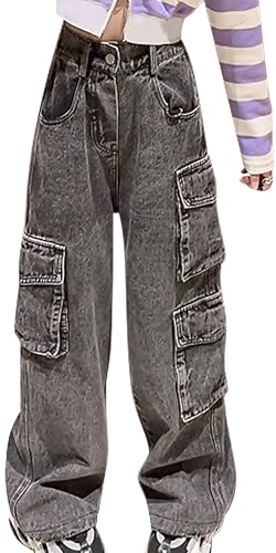 FEOYA Mädchen Jean Hosen Kinder Denim Hose Weitem Bein Jeanshose Streetwear mit Taschen Teenager Vintage Y2k Baggy Jeans Wide Leg Schwarz Grau 1 140 von FEOYA