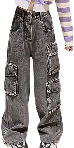 FEOYA Mädchen Jean Hosen Kinder Denim Hose Weitem Bein Jeanshose Streetwear mit Taschen Teenager Vintage Y2k Baggy Jeans Wide Leg Schwarz Grau 1 170 von FEOYA