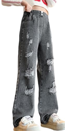 FEOYA Mädchen Jean Hosen Kinder Denim Hose Weitem Bein Jeanshose Streetwear mit Taschen Teenager Vintage Y2k Baggy Jeans Wide Leg Schwarz Grau 2 140 von FEOYA