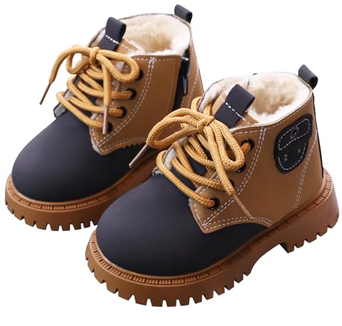 FEOYA Mädchen Jungen Kinderstiefel Verdickt Winterschuhe Warm Schulstiefel Baby Komfortabel Mode Boots Rutschfeste Kurze Stiefel Wasserdicht Stiefeletten mit Reißverschluss 23 EU von FEOYA