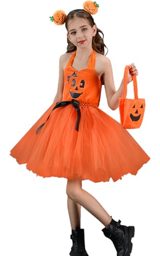 FEOYA Mädchen Kinder Tüllkleid Kürbis Niedliche Tutu Kleid Verstellbare Schultergurte Kleidung mit Stirnband und Tasche 3tlg Set Karneval Verkleidung Orange Fancy Outfits Tutu Partykleid 6-7 Jahre von FEOYA