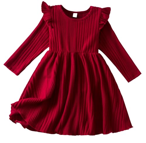 FEOYA Mädchen Kleid A-Linie Kinder Strickkleid Flatter Langarm Freizeitkleid Herbst Winter Kleid Einfarbig Rot 3 Jahre von FEOYA