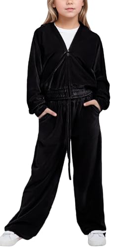 FEOYA Mädchen Kleidung Mit Kapuze Freizeit Kinder Sportanzug Sport Frühjahr Für Mädchen Bekleidungssets Jogging Herbst Baby Jogginganzug Coole Velour Baby Trainingsanzug Stricken Schwarz 9 10 Jahre von FEOYA