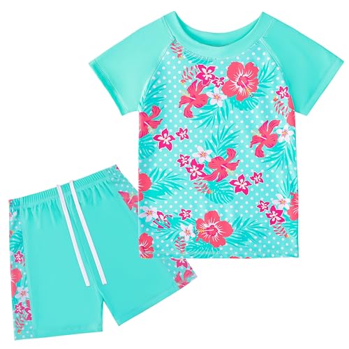 FEOYA Mädchen Kurzarm Badeanzug Zweiteiliger Schwimmanzug Kinder Bademode Uv-Schutz Strandbekleidung Meerjungfrau Badebekleidung Schnell Trocknen Schwimmbadeanzug Hawaiian Strand Swimsuit 4-5 Jahre von FEOYA