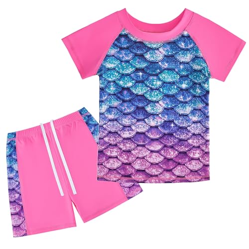 FEOYA Mädchen Kurzarm Badeanzug Zweiteiliger Schwimmanzug Kinder Bademode Uv-Schutz Strandbekleidung Meerjungfrau Badebekleidung Schnell Trocknen Schwimmbadeanzug Hawaiian Strand Swimsuit 7-8 Jahre von FEOYA