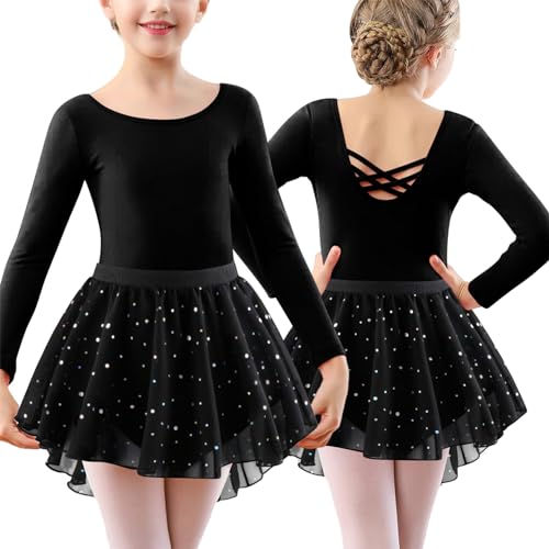FEOYA Mädchen Langarm Ballettkleid Baumwolle Ballettkleidung Kinder Ballettanzug mit Pailletten-Rock Stretch Balletttrikot Luftig Tanzkleid Tanz Trikot mit Tütü Gymnastik Leotard Turnanzug 160 von FEOYA