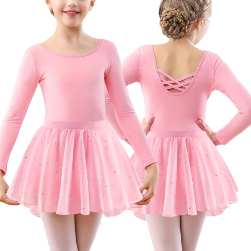 FEOYA Mädchen Langarm Ballettkleid Baumwolle Ballettkleidung Kinder Ballettanzug mit Pailletten-Rock Stretch Balletttrikot Luftig Tanzkleid Tanz Trikot mit Tütü Gymnastik Leotard Turnanzug 160 von FEOYA