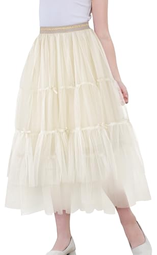 FEOYA Mädchen Mesh Tutu Rock Damen Tüllrock Elastisch Hohe Taille Tüll Ballett Kostüm Sommerrock Lang Geburtstag Prinzessin Midirock in A-Linie Kleider Cremefarben 2 150 von FEOYA