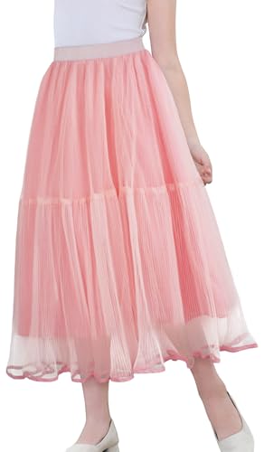 FEOYA Mädchen Mesh Tutu Rock Damen Tüllrock Elastisch Hohe Taille Tüll Ballett Kostüm Sommerrock Lang Geburtstag Prinzessin Midirock in A-Linie Kleider Rosa 1 130 von FEOYA