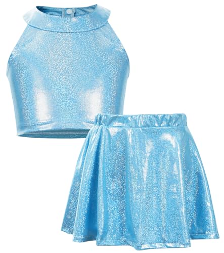 FEOYA Mädchen Metallic Pailletten Tanz Outfits Jazz Hip Hop Performance Tanzkleidung Kinder Zweiteiler Tanzbekleidung Glänzende Crop Top mit Rock Set 6–9 Jahre von FEOYA