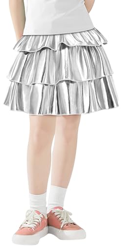 FEOYA Mädchen Rock A-Linie Kuchenrock Glänzender Faltenrock Liquid Metallic Rock Mini Skater Rock Minirock Tutu Elastischer Kostüme Ballettkleidung Tanzrock Prinzessinrock Sommerrock 110 von FEOYA