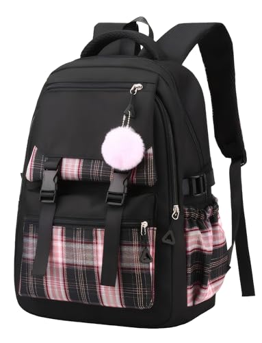 FEOYA Mädchen Rucksack Wasserdicht Schulrucksack Nylon Leichtgewicht Schulranzen mit Großen Kapazität Freizeitrucksack Mehrere Taschen Schultasche Teenager Schule Schwarz Backpack von FEOYA