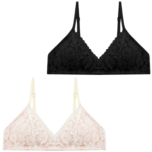 FEOYA Mädchen Sport BH ohne Bügel Unterwäsche mit Abnehmbare Polster Kinder Nahtlose Atmungsaktiv Softbra Teenager Verstellbare Spaghettiträgern Bralette Spitze Bustier 2er Pack von FEOYA