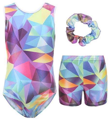 FEOYA Mädchen Stretch Trikots Kinder Schule PE Ballett Tanz Gymnastik Kleidung Tanzkostüme Ärmellose Gymnastikanzug mit Shorts Haarband Set Gymnastik Training Dancewear G 9-10 Jahre von FEOYA