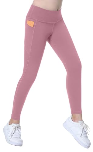 FEOYA Mädchen Strumpfhose Kinder Yoga Hose Sport Fitness Yogahose Sporthose Leggins Kleinkinder Fitnesshose mit Doppelten Taschen High Waist Trainninghose Rosa 2 140 von FEOYA