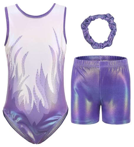 FEOYA Mädchen Turnanzug Ärmellos Kinder Gymnastikanzug Ballettröckchen Trikotanzug Gymnastik Training Dancewear Glänzend Gymnastikbody Trikot mit Strassstein 7-8 Jahre von FEOYA