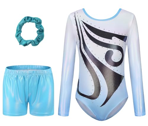 FEOYA Mädchen Turnanzug Langarm Kinder Gymnastikanzug Turnen Trikot Shorts Haarband Set Tanzen Kleidung Rundhalsausschnitt Dancewear Glänzend Strassstein Trikotanzug Gymnastik Leotard 9-10 Jahre von FEOYA